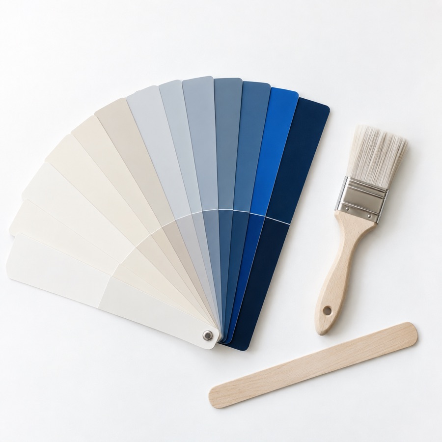 Paint color fan deck with brush and a wooden stir stick