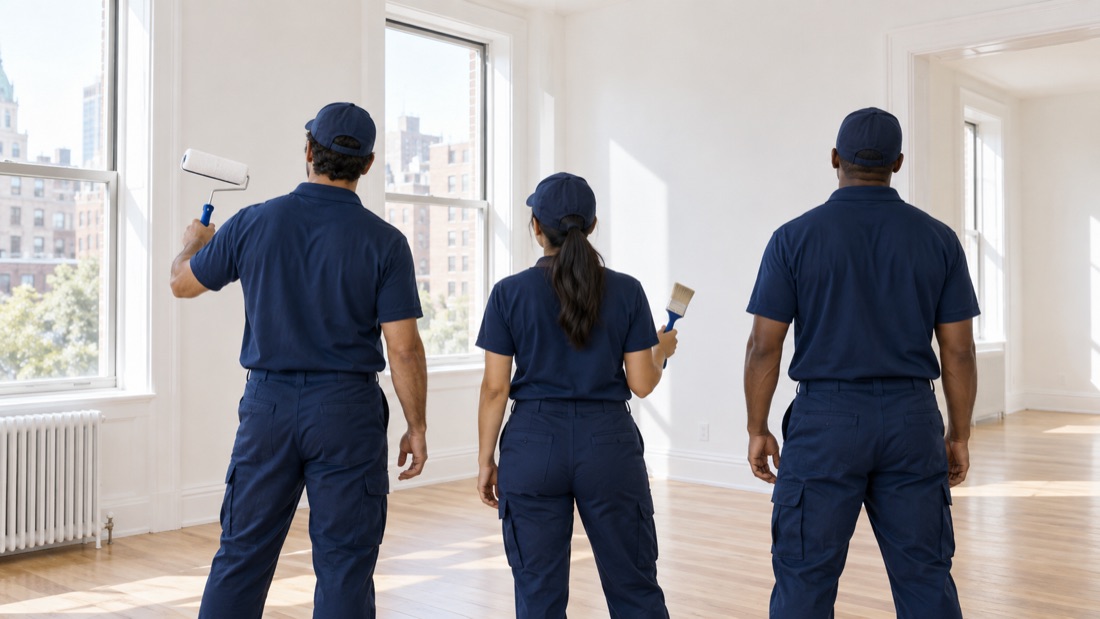 Three painters in matching work clothes standing in a bright apartment